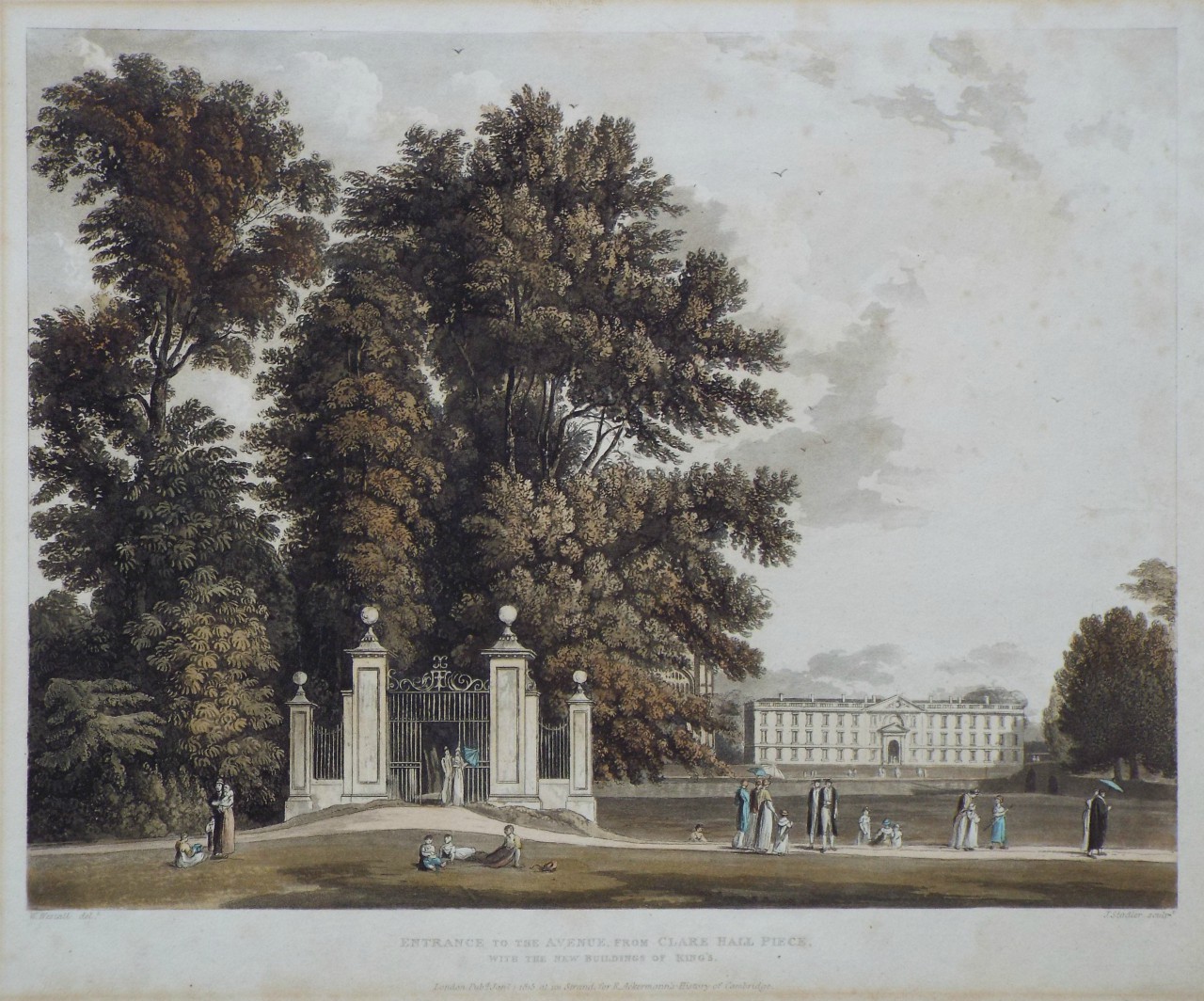 Aquatint - Entrance to the Avenue, from Clare Hall Piece, with the New Buildings of King's. - Stadler